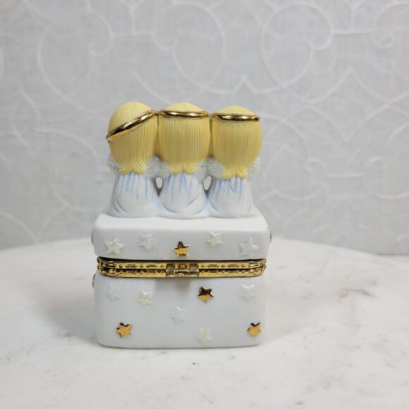 Hallmark 3 Angels Figurine Trinket Box Ceramic Hinged Porcelain White Gold - Picture 9 of 12